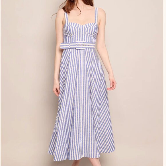 NEW Cara Cara Calypso Midi Dress Sz6 Ivory Blue Striped Seersucker Vacation - Picture 11 of 13